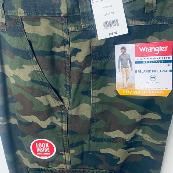 Wrangler, Green Camo, Mens 34x32 Straight Leg Fleece Lined Cargo Pants-NWT - Picture 4 of 12